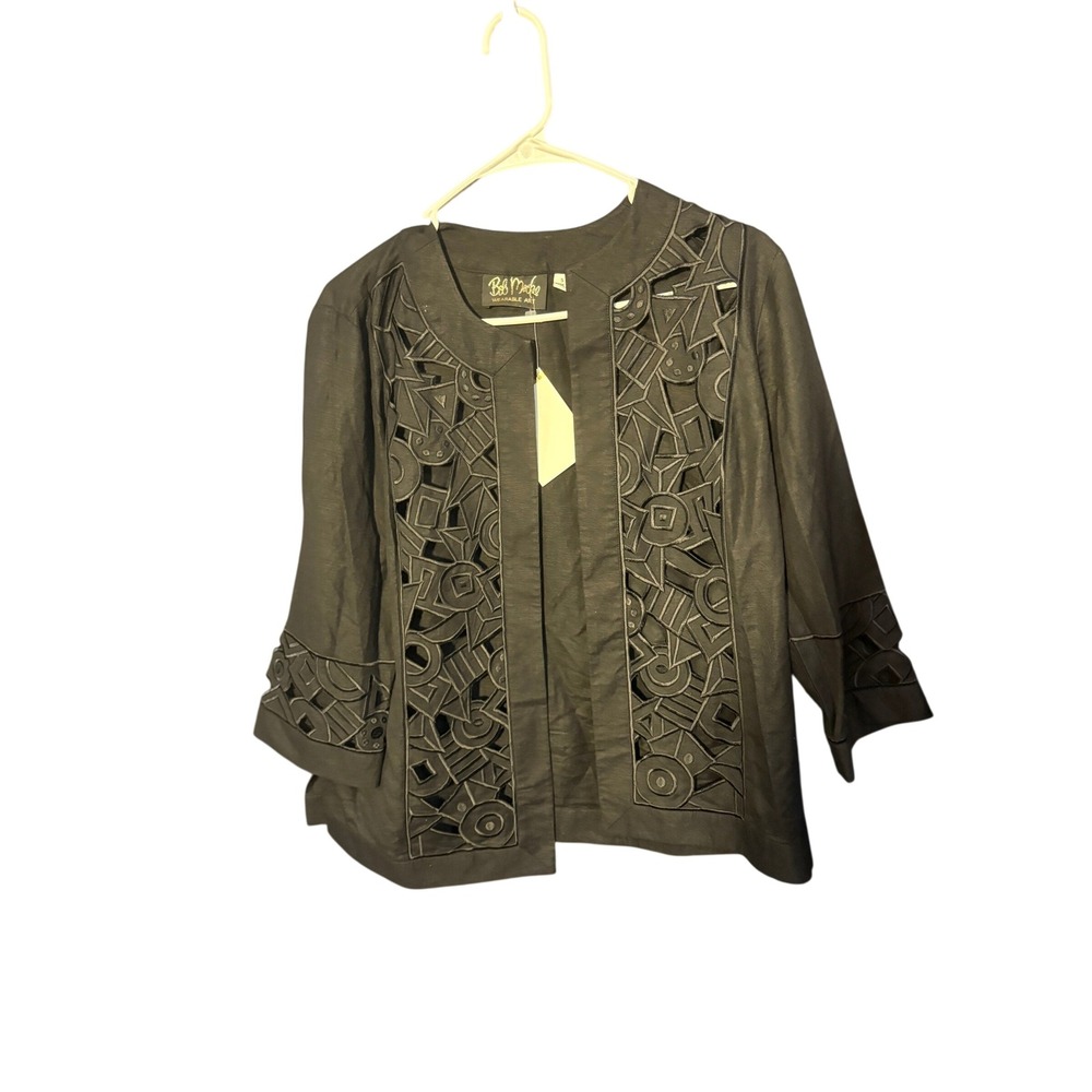 Bob Mackie Wearable Art Black Linen Blend Geometric Cutout Open Front Jacket NEW